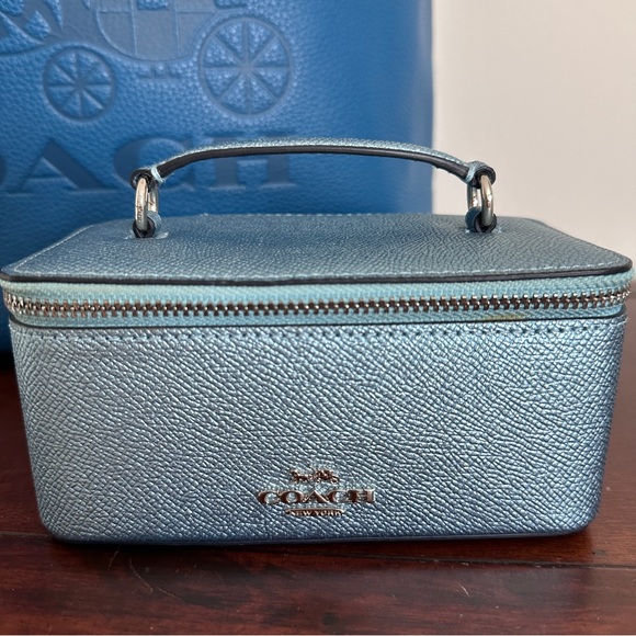Coach Vanity Case Handled Zip Jewelry Travel Box Blue Metallic - Picture 3 of 14
